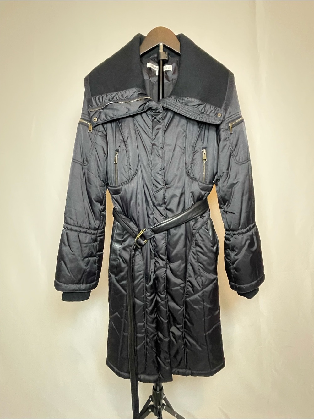 Andrew Marc Women's Black Long Quilted Belted Coat